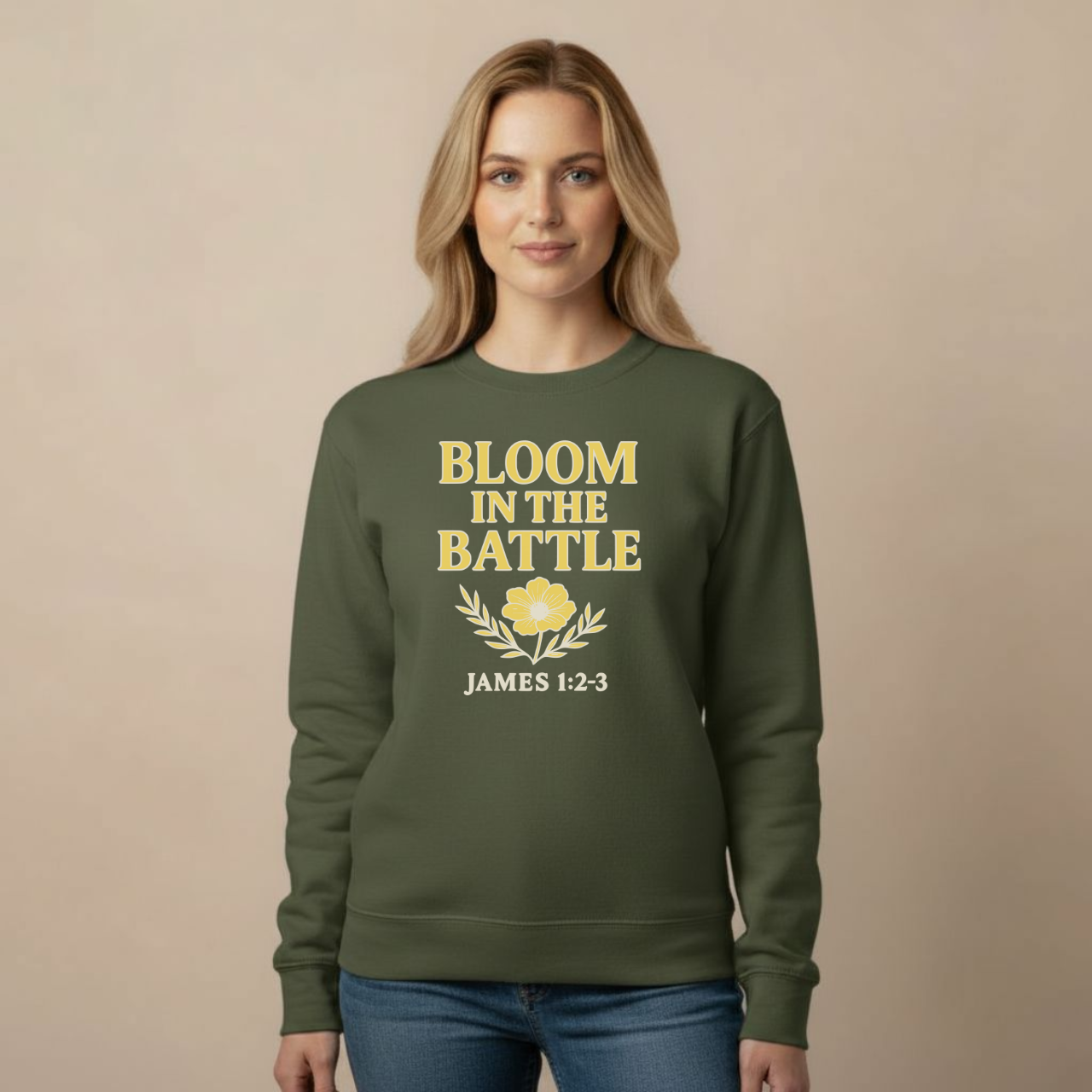 Bloom in the Battle Sweatshirt • James 1:2-3 Bible Verse Crewneck • Christian Women’s Faith Shirt • Gildan 18000 Pullover