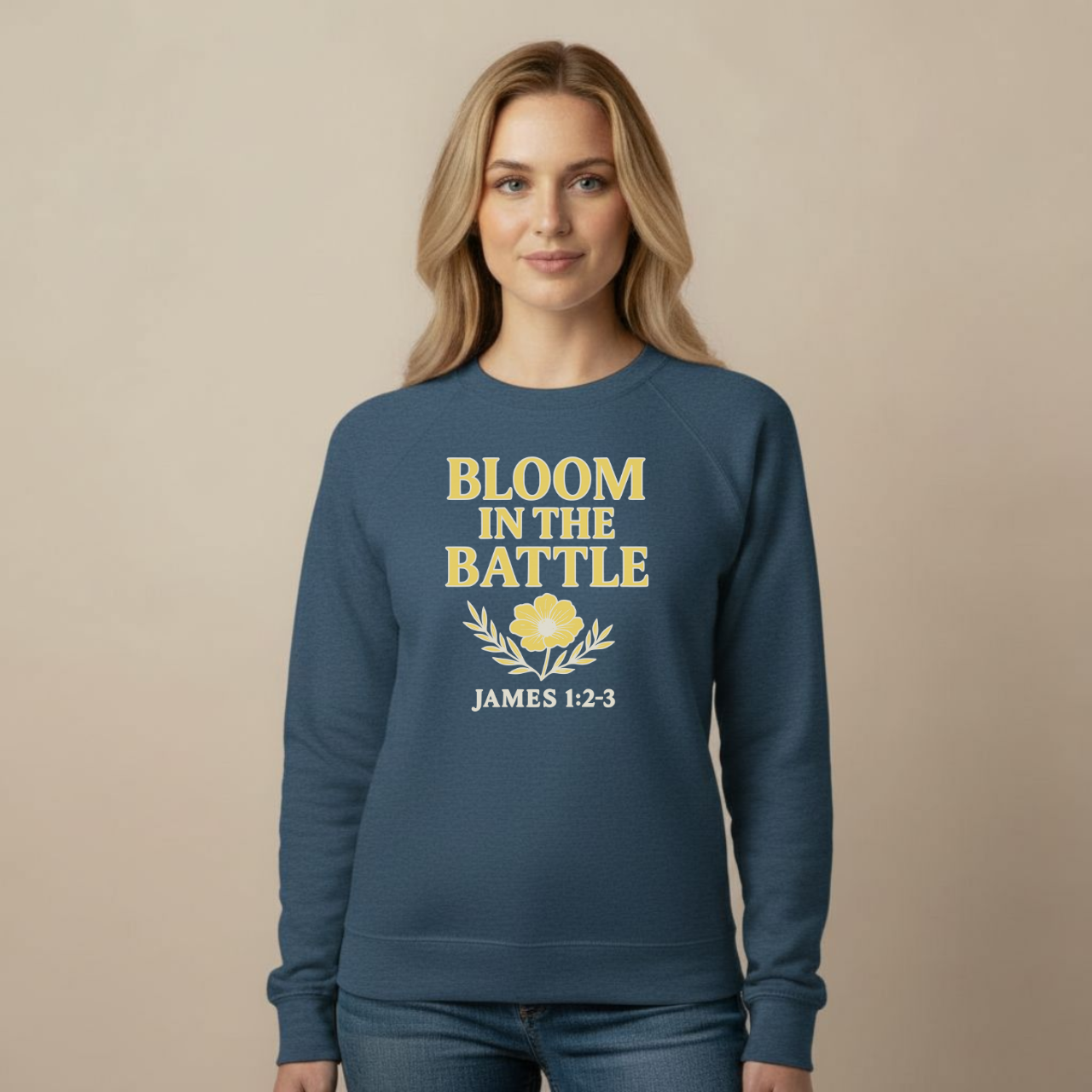 Bloom in the Battle Sweatshirt • James 1:2-3 Bible Verse Crewneck • Christian Women’s Faith Shirt • Gildan 18000 Pullover