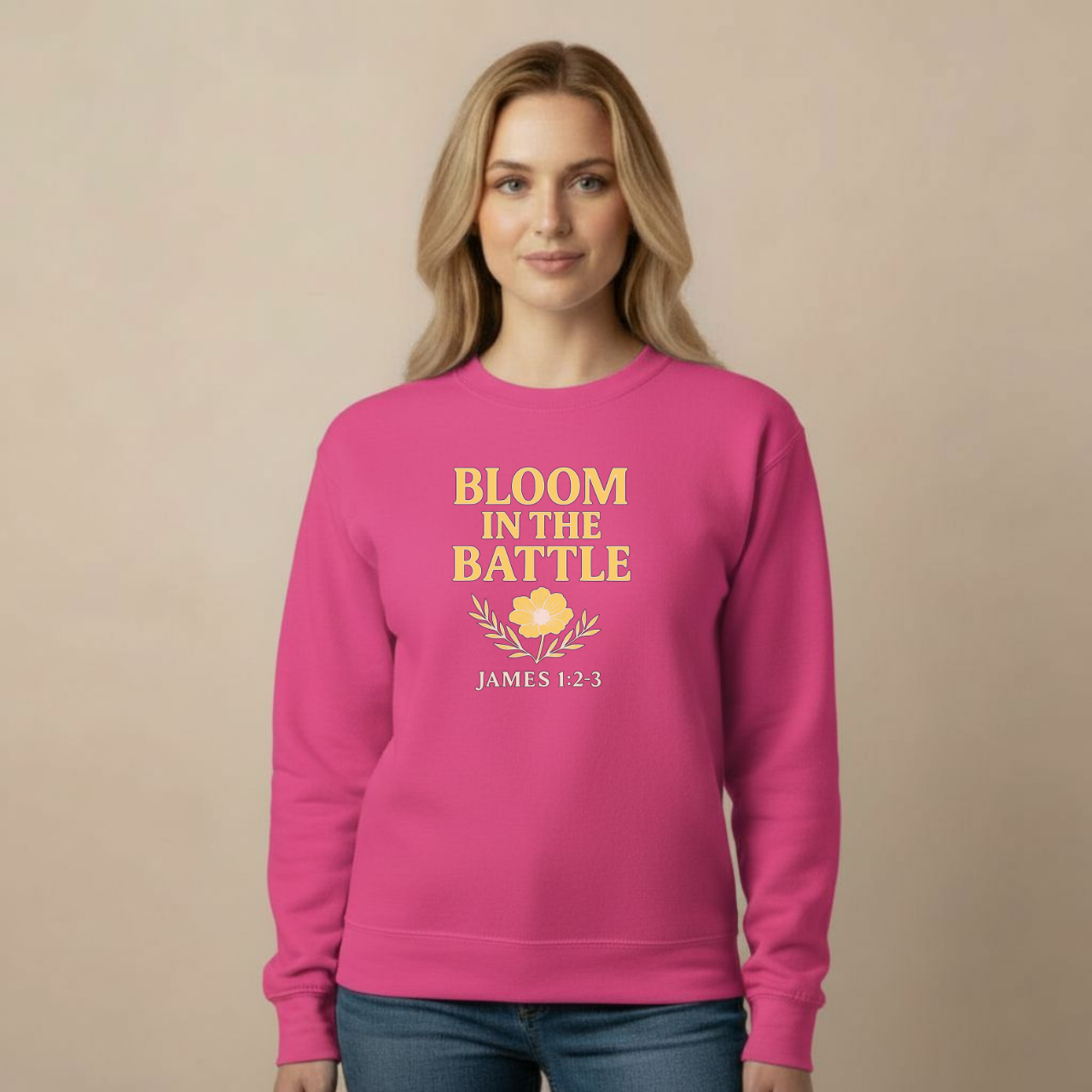 Bloom in the Battle Sweatshirt • James 1:2-3 Bible Verse Crewneck • Christian Women’s Faith Shirt • Gildan 18000 Pullover