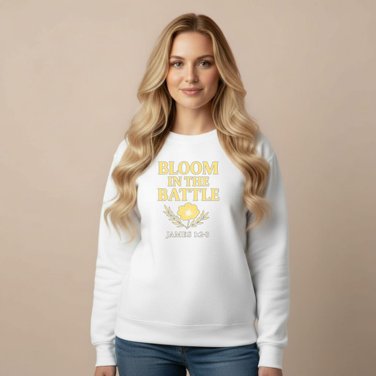 Bloom in the Battle Sweatshirt • James 1:2-3 Bible Verse Crewneck • Christian Women’s Faith Shirt • Gildan 18000 Pullover