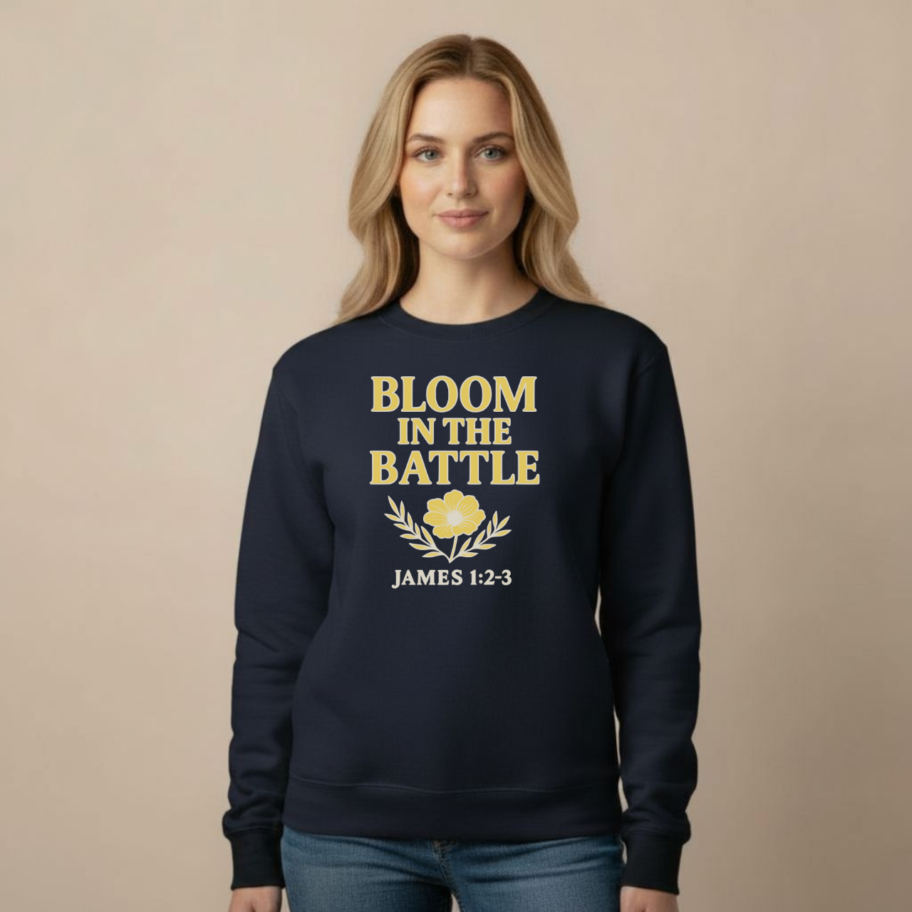 Bloom in the Battle Sweatshirt • James 1:2-3 Bible Verse Crewneck • Christian Women’s Faith Shirt • Gildan 18000 Pullover