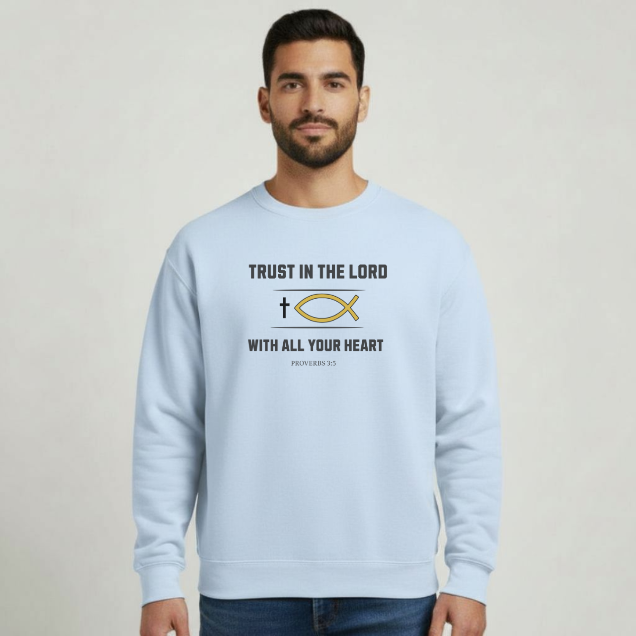 Trust in the Lord Sweatshirt • Proverbs 3:5 Bible Verse Crewneck • Men’s Christian Faith Shirt • Gildan 18000 White Pullover