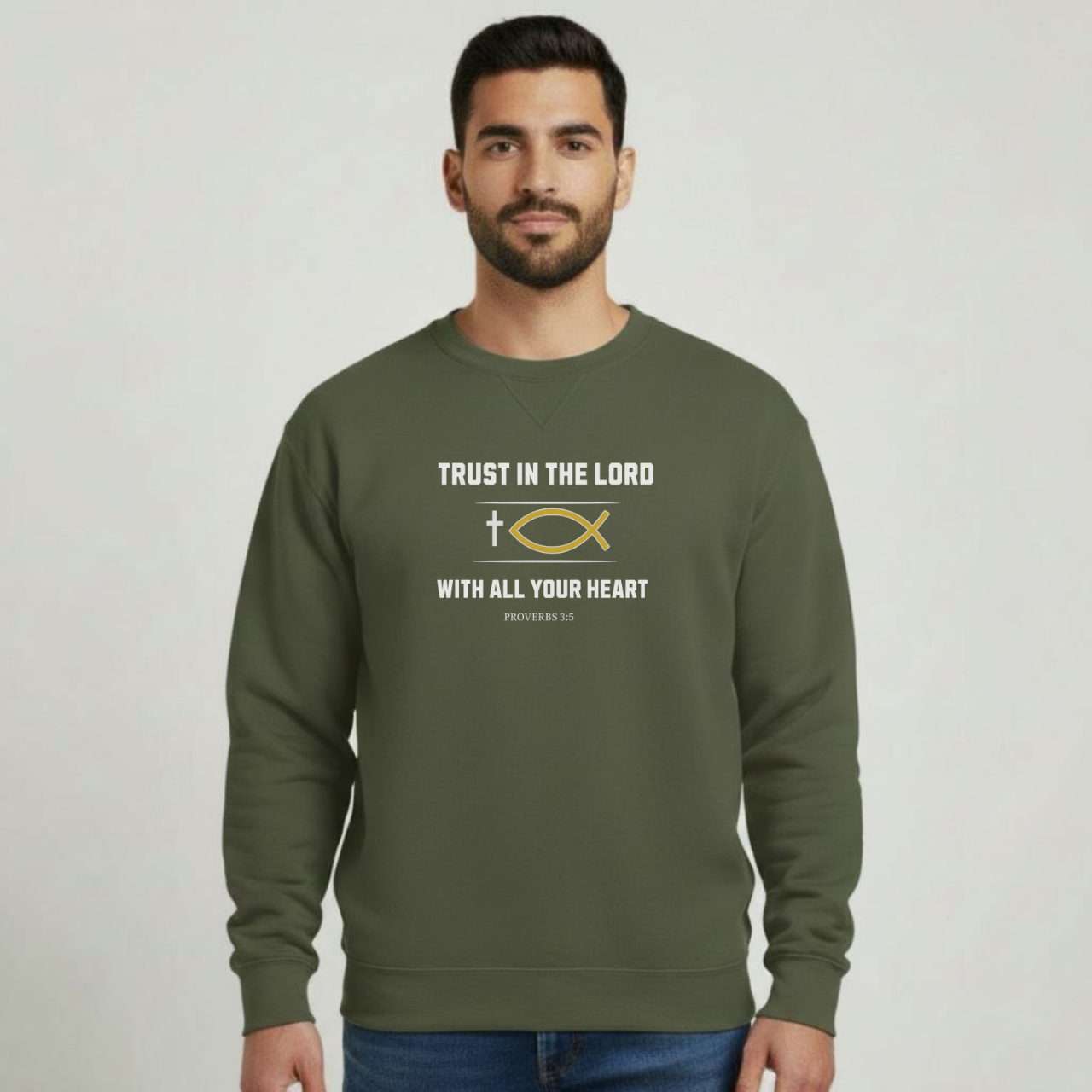 Trust in the Lord Sweatshirt • Proverbs 3:5 Bible Verse Crewneck • Men’s Christian Faith Shirt • Gildan 18000 White Pullover
