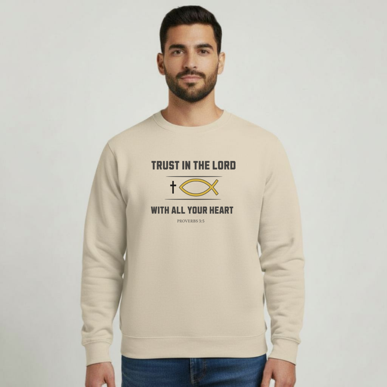 Trust in the Lord Sweatshirt • Proverbs 3:5 Bible Verse Crewneck • Men’s Christian Faith Shirt • Gildan 18000 White Pullover