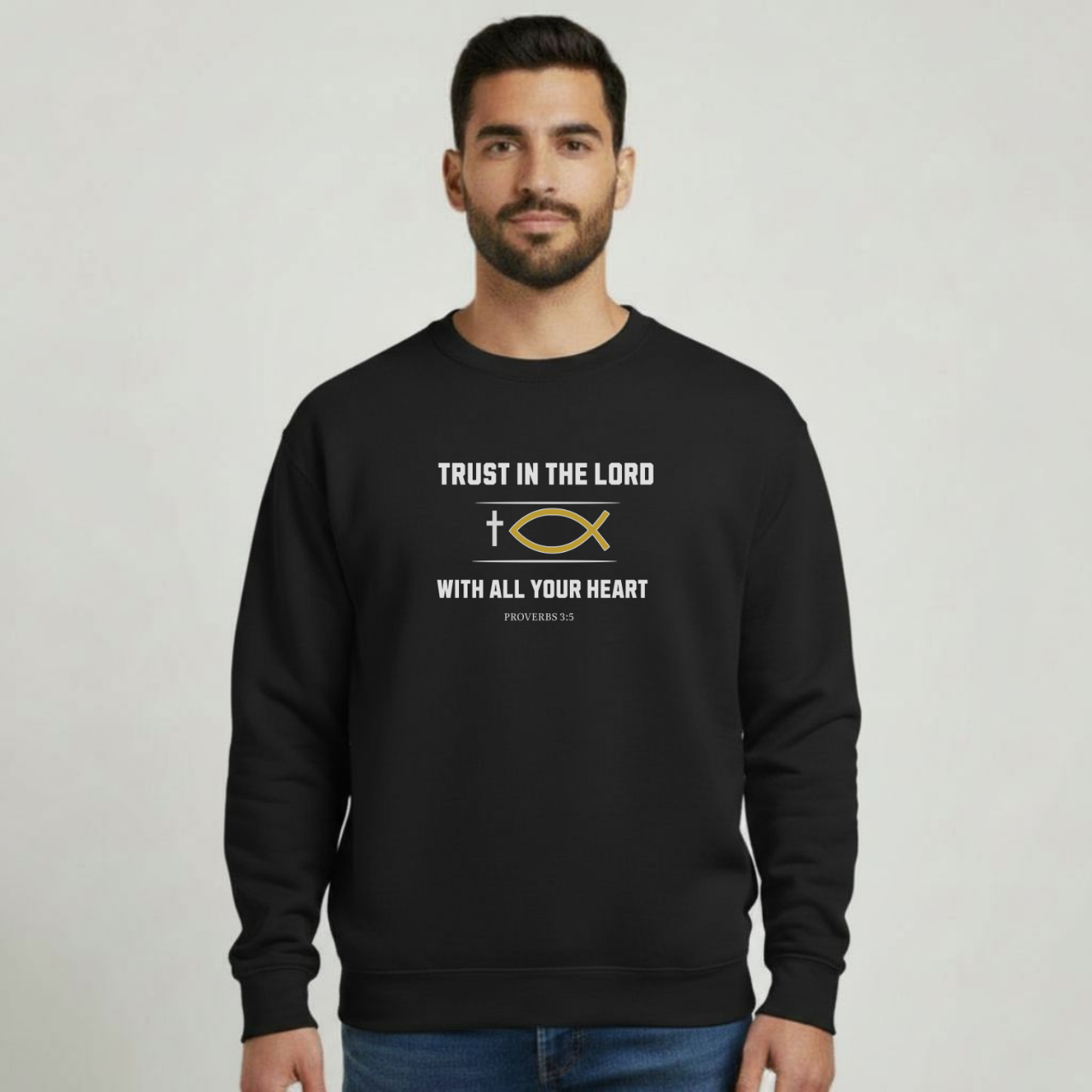 Trust in the Lord Sweatshirt • Proverbs 3:5 Bible Verse Crewneck • Men’s Christian Faith Shirt • Gildan 18000 White Pullover
