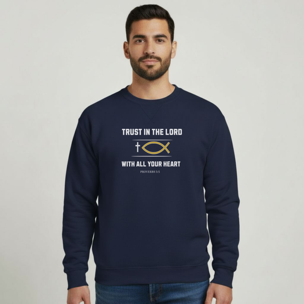 Trust in the Lord Sweatshirt • Proverbs 3:5 Bible Verse Crewneck • Men’s Christian Faith Shirt • Gildan 18000 White Pullover