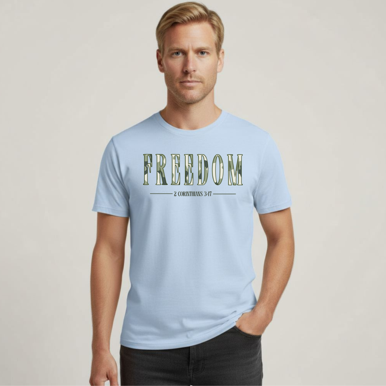 Freedom T-Shirt • 2 Corinthians 3:17 Christian Tee • Camouflage Pattern Gildan 64000 Faith Shirt