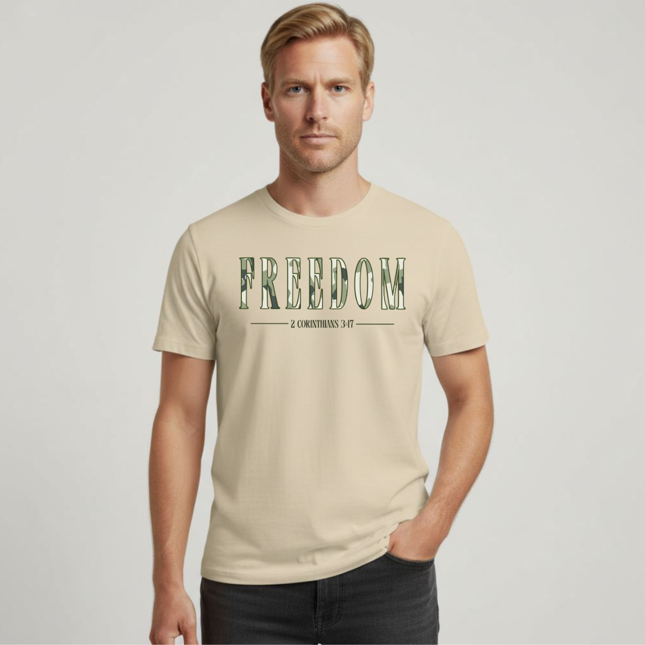 Freedom T-Shirt • 2 Corinthians 3:17 Christian Tee • Camouflage Pattern Gildan 64000 Faith Shirt