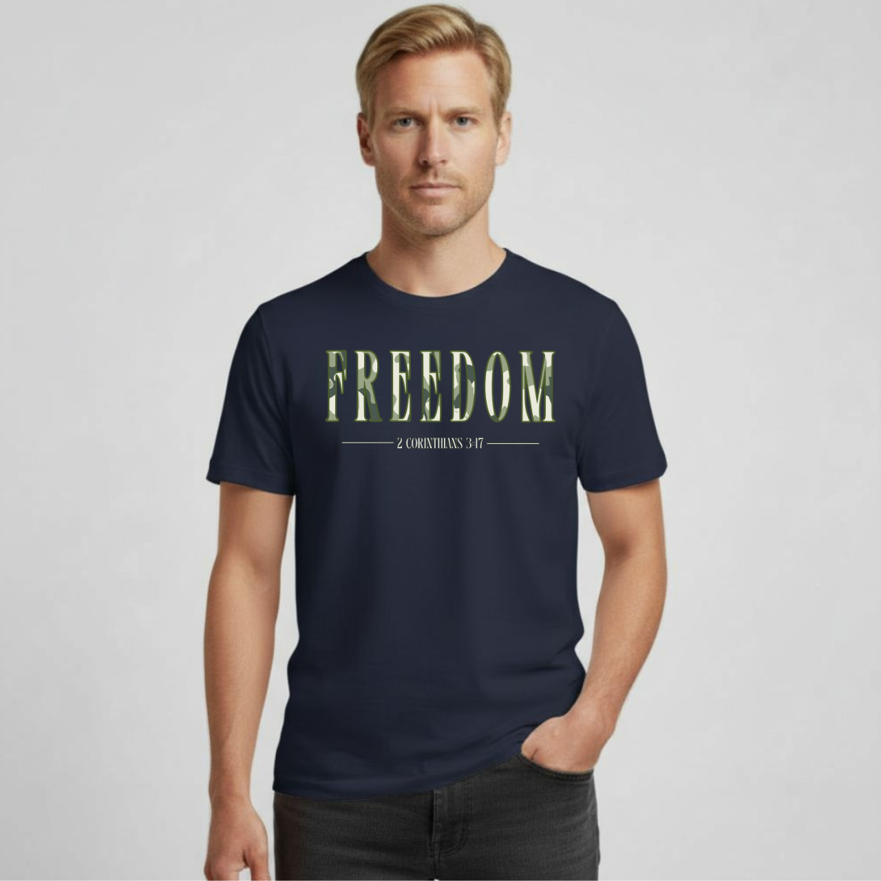 Freedom T-Shirt • 2 Corinthians 3:17 Christian Tee • Camouflage Pattern Gildan 64000 Faith Shirt