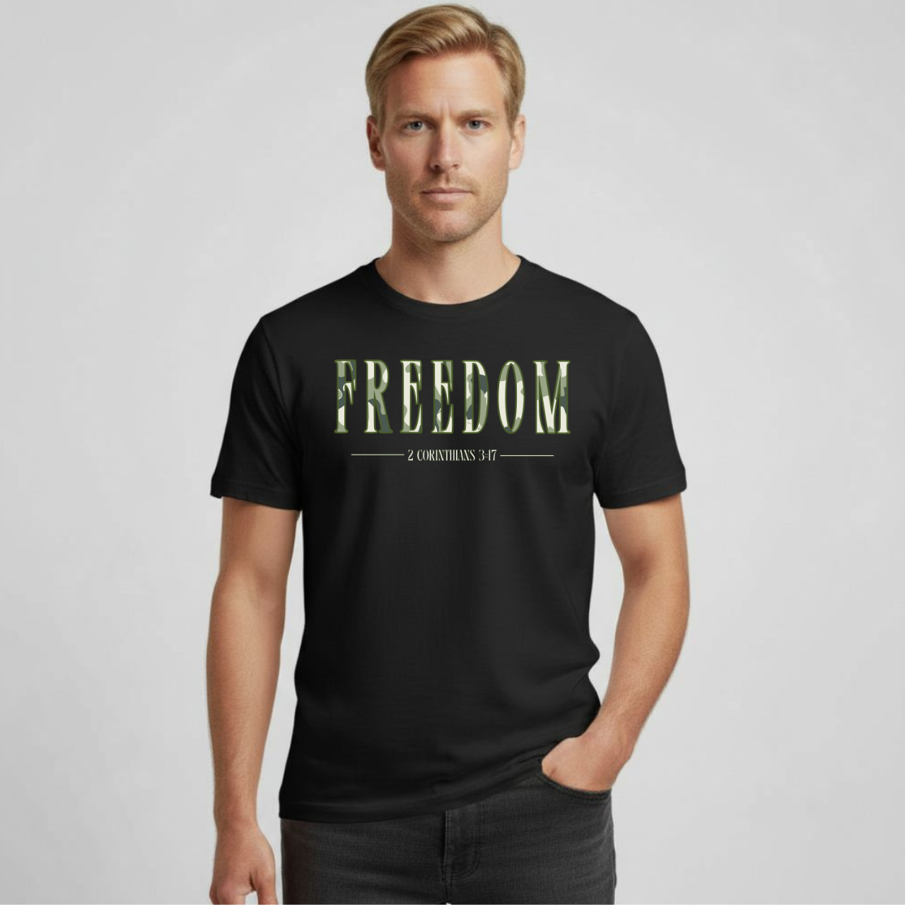 Freedom T-Shirt • 2 Corinthians 3:17 Christian Tee • Camouflage Pattern Gildan 64000 Faith Shirt
