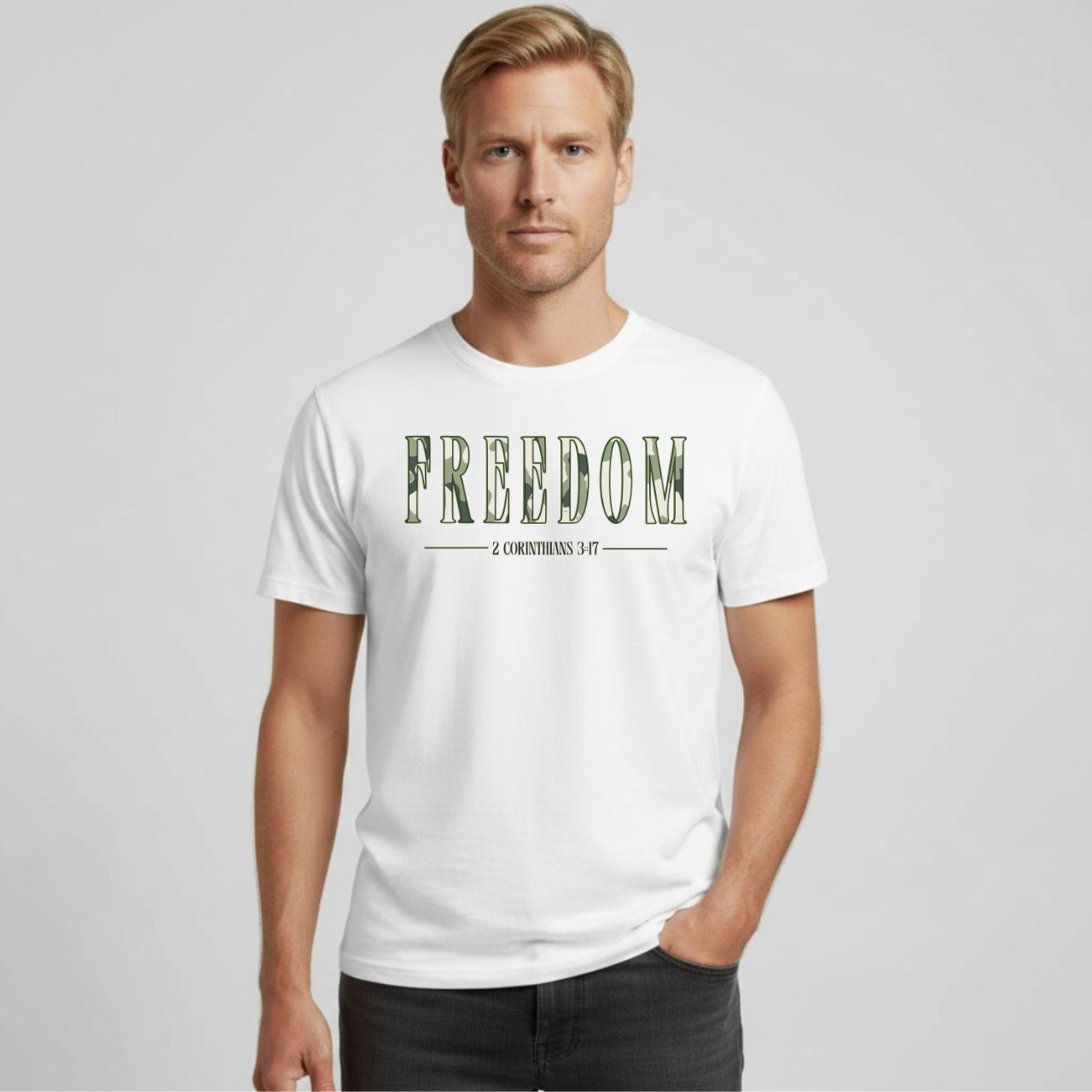 Freedom T-Shirt • 2 Corinthians 3:17 Christian Tee • Camouflage Pattern Gildan 64000 Faith Shirt