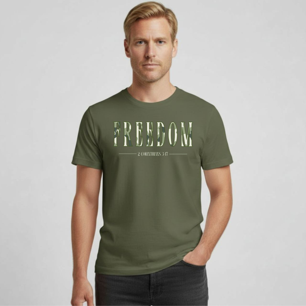 Freedom T-Shirt • 2 Corinthians 3:17 Christian Tee • Camouflage Pattern Gildan 64000 Faith Shirt