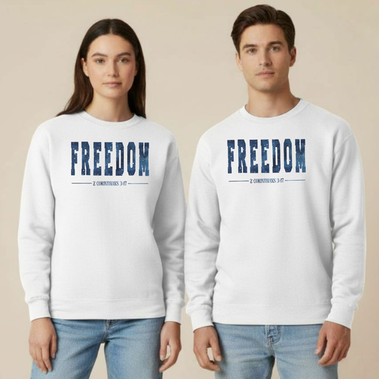 Freedom Christian Sweatshirt • 2 Corinthians 3:17 Bible Verse Crewneck • Gildan 18000 Unisex Faith Apparel