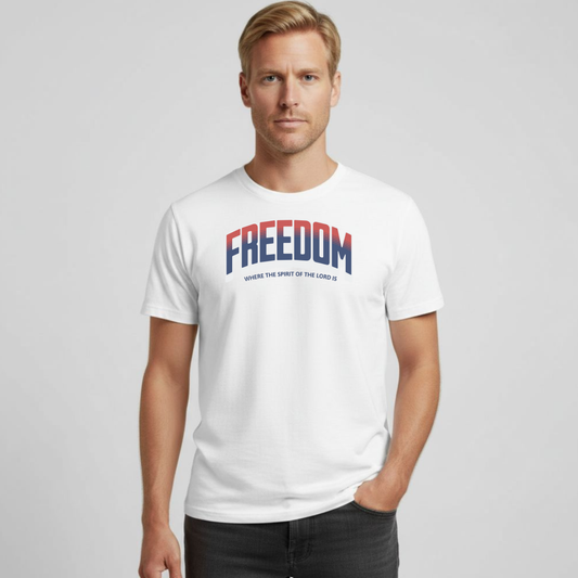 FREEDOM – 2 Corinthians 3:17 Bible Verse Christian T-Shirt | Red, White & Blue Faith Tee | Patriotic Scripture Shirt for Men & Women