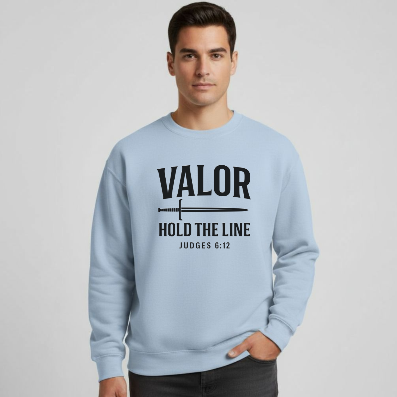 Valor Hold the Line Sweatshirt • Judges 6:12 Bible Verse Crewneck • Christian Men’s Faith Shirt • Gildan 18000 Pullover