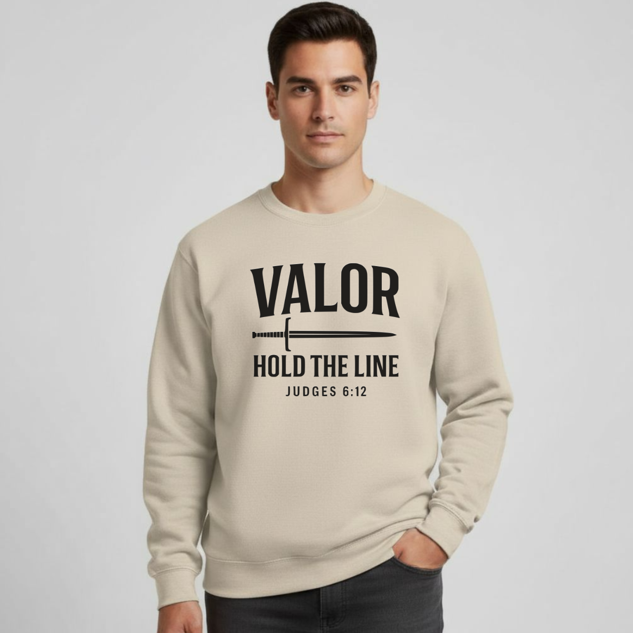Valor Hold the Line Sweatshirt • Judges 6:12 Bible Verse Crewneck • Christian Men’s Faith Shirt • Gildan 18000 Pullover