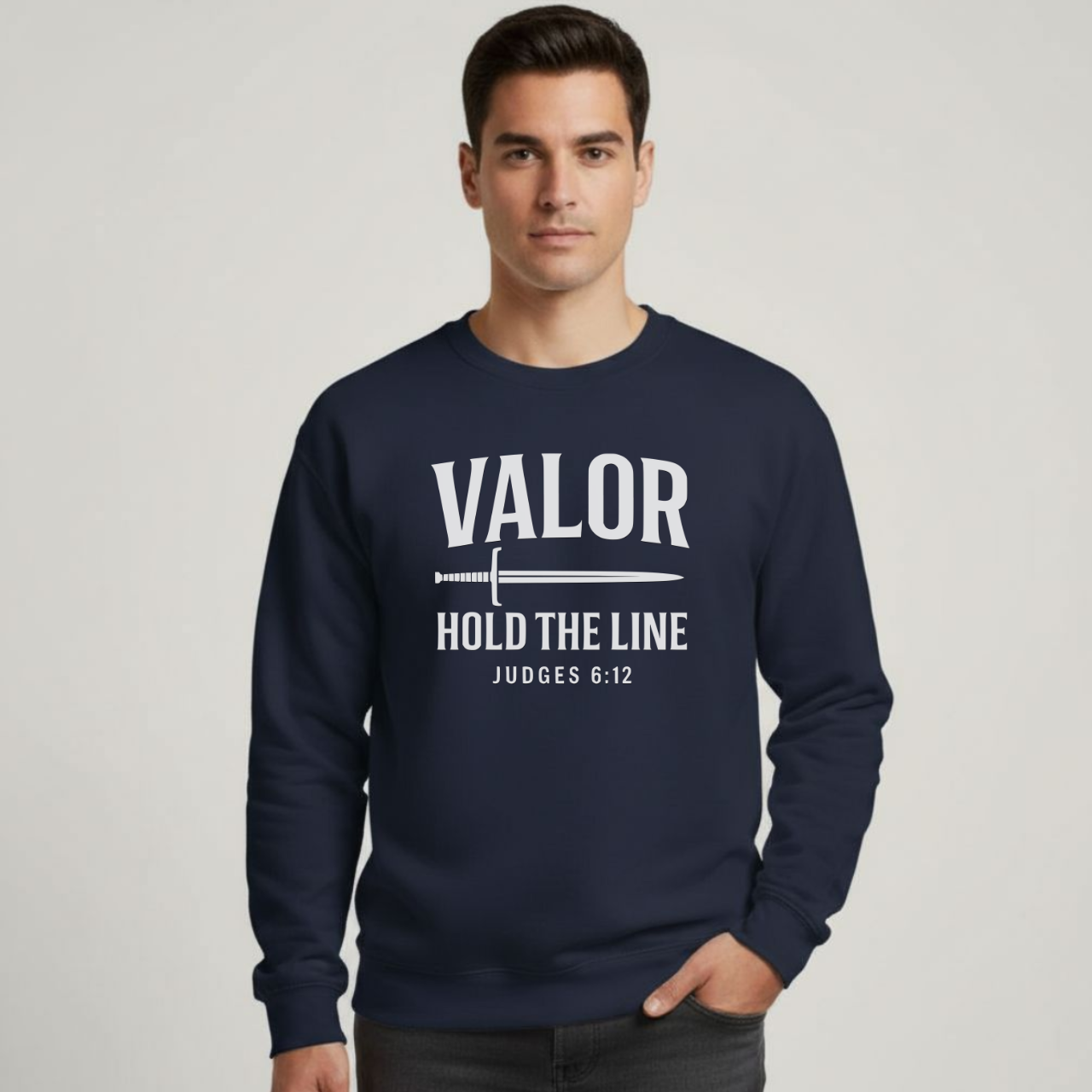 Valor Hold the Line Sweatshirt • Judges 6:12 Bible Verse Crewneck • Christian Men’s Faith Shirt • Gildan 18000 Pullover