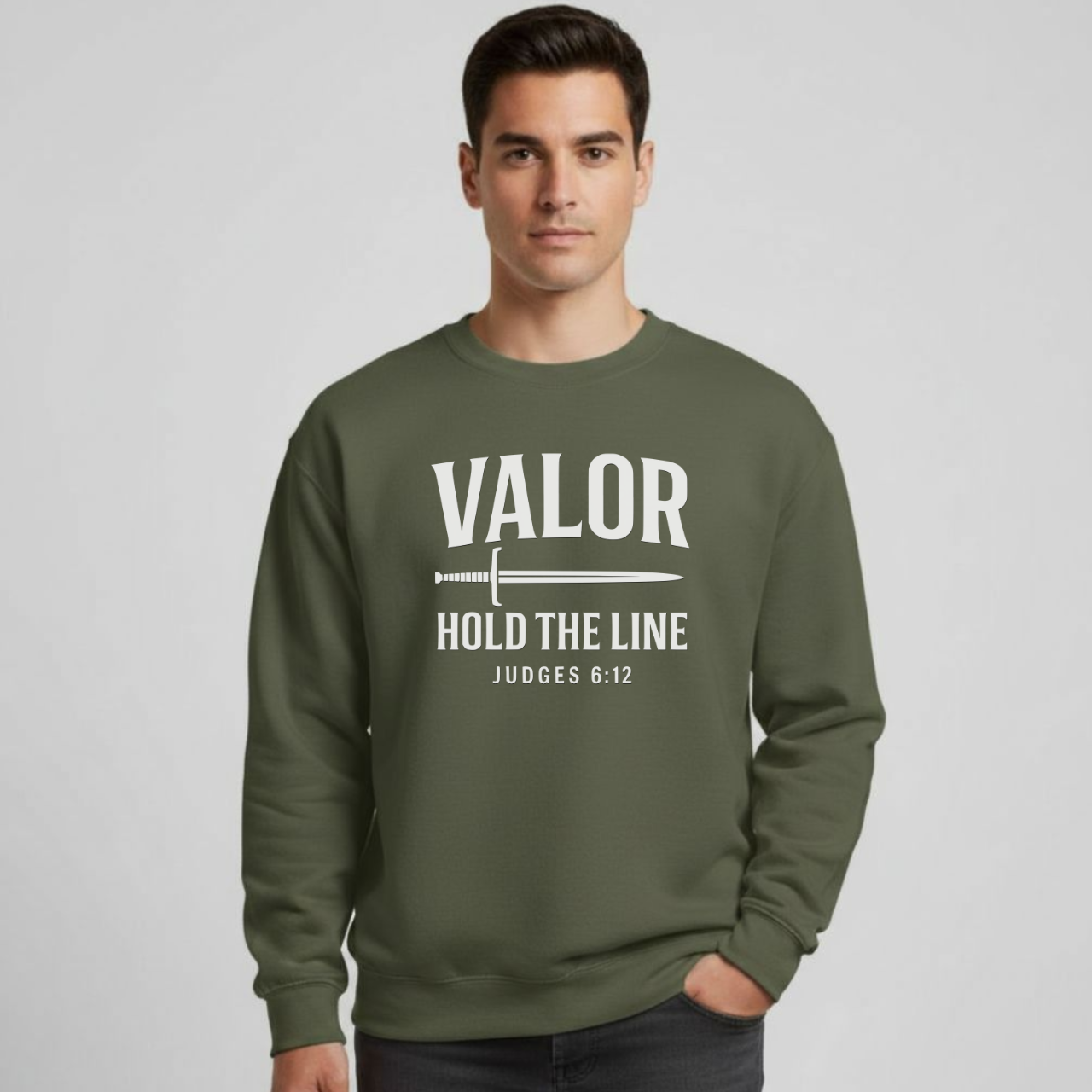 Valor Hold the Line Sweatshirt • Judges 6:12 Bible Verse Crewneck • Christian Men’s Faith Shirt • Gildan 18000 Pullover
