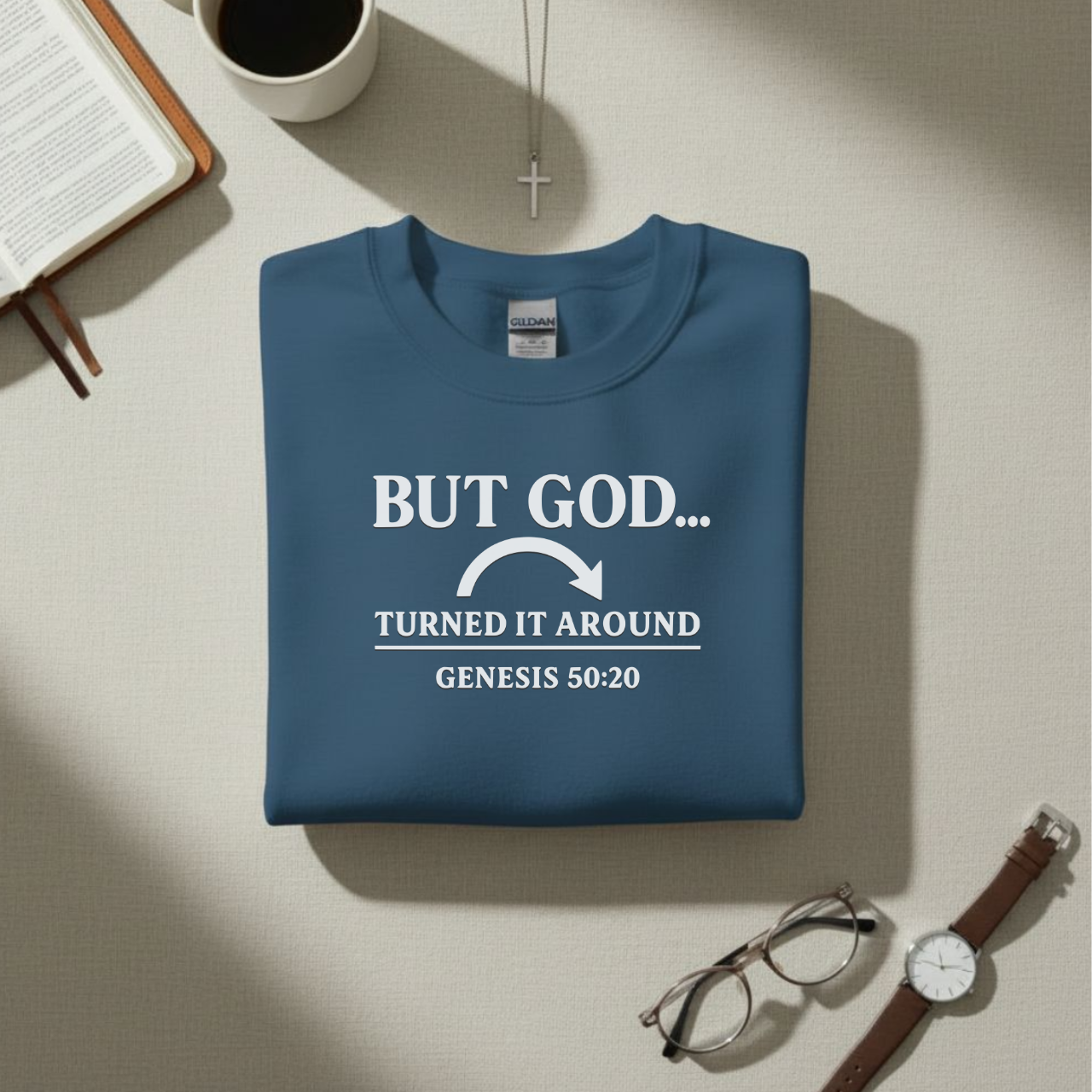 But God Turned It Around Sweatshirt • Genesis 50:20 Bible Verse Crewneck • Christian Faith Shirt • Gildan 18000 Unisex Pullover