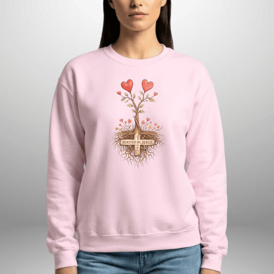 Rooted in Jesus Sweatshirt for Women | Faith-Based Crewneck | Gildan 18000
