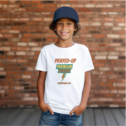 Prayed-Up Problem Solver Youth T-Shirt – Bible Verse Philippians 4:6 Christian Bold Retro Lightning Back-to-School Tee