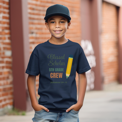 Blessed Scholar 5th Grade Crew Youth T-Shirt – Bible Verse Jeremiah 29:11 Christian Back-to-School Pencil Design Tee
