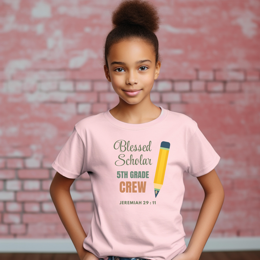 Blessed Scholar 5th Grade Crew Youth T-Shirt – Bible Verse Jeremiah 29:11 Christian Back-to-School Pencil Design Tee