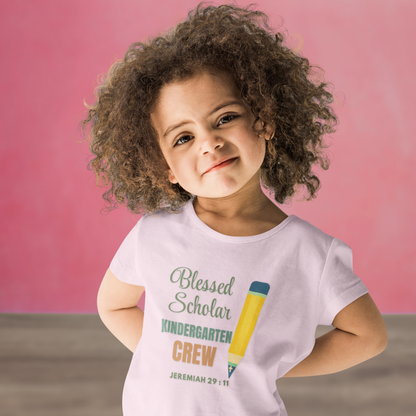 Blessed Scholar Kindergarten Crew Youth T-Shirt – Bible Verse Jeremiah 29:11 Christian Back-to-School Tee, Pencil Design