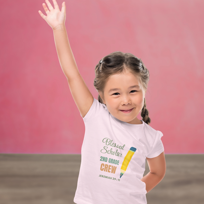 Blessed Scholar 2nd Grade Crew Youth T-Shirt – Bible Verse Jeremiah 29:11 Christian Back-to-School Pencil Design Tee