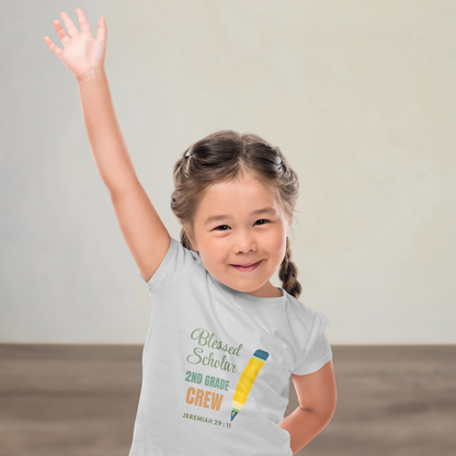 Blessed Scholar 2nd Grade Crew Youth T-Shirt – Bible Verse Jeremiah 29:11 Christian Back-to-School Pencil Design Tee