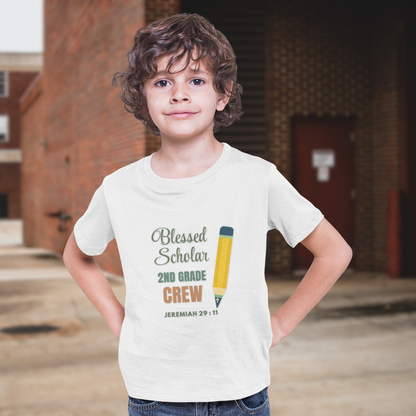 Blessed Scholar 2nd Grade Crew Youth T-Shirt – Bible Verse Jeremiah 29:11 Christian Back-to-School Pencil Design Tee