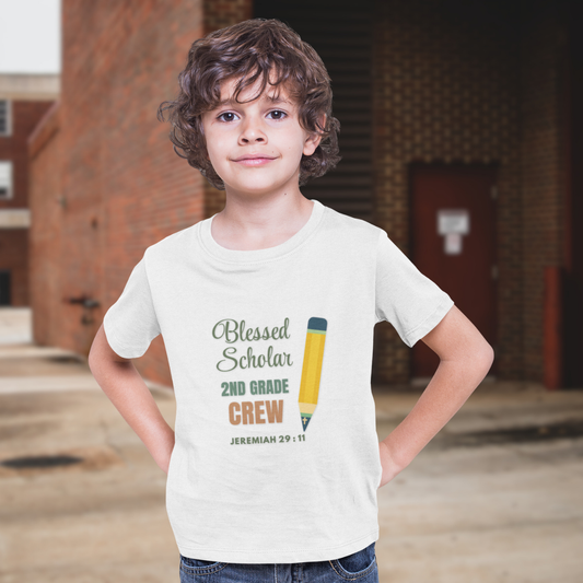 Blessed Scholar 2nd Grade Crew Youth T-Shirt – Bible Verse Jeremiah 29:11 Christian Back-to-School Pencil Design Tee