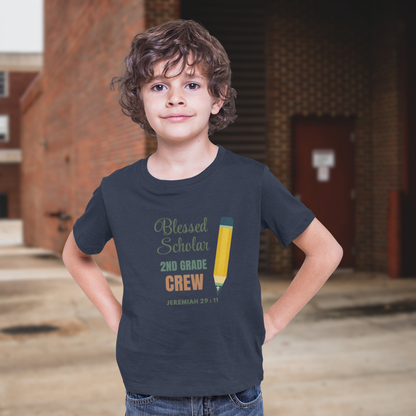 Blessed Scholar 2nd Grade Crew Youth T-Shirt – Bible Verse Jeremiah 29:11 Christian Back-to-School Pencil Design Tee