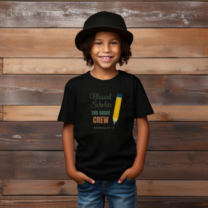 Blessed Scholar 3rd Grade Crew Youth T-Shirt – Bible Verse Jeremiah 29:11 Christian Back-to-School Pencil Design Tee