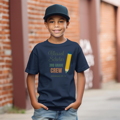 Blessed Scholar 3rd Grade Crew Youth T-Shirt – Bible Verse Jeremiah 29:11 Christian Back-to-School Pencil Design Tee