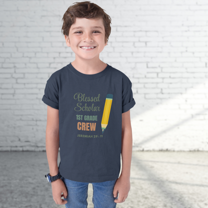 Blessed Scholar 1st Grade Crew Youth T-Shirt – Bible Verse Jeremiah 29:11 Christian Back-to-School Tee, Pencil Design