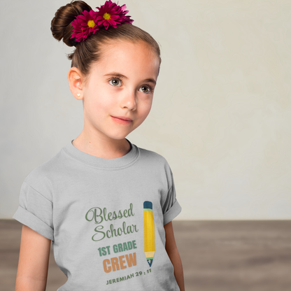 Blessed Scholar 1st Grade Crew Youth T-Shirt – Bible Verse Jeremiah 29:11 Christian Back-to-School Tee, Pencil Design