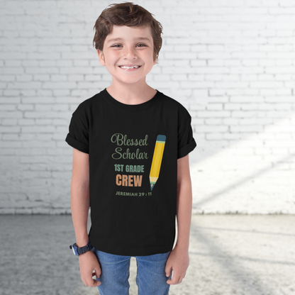 Blessed Scholar 1st Grade Crew Youth T-Shirt – Bible Verse Jeremiah 29:11 Christian Back-to-School Tee, Pencil Design