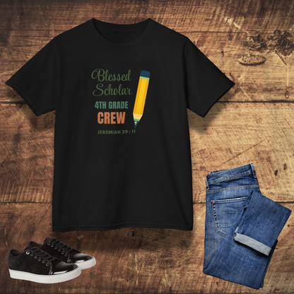 Blessed Scholar 4th Grade Crew Youth T-Shirt – Bible Verse Jeremiah 29:11 Christian Back-to-School Pencil Design Tee