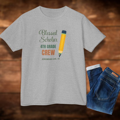 Blessed Scholar 4th Grade Crew Youth T-Shirt – Bible Verse Jeremiah 29:11 Christian Back-to-School Pencil Design Tee