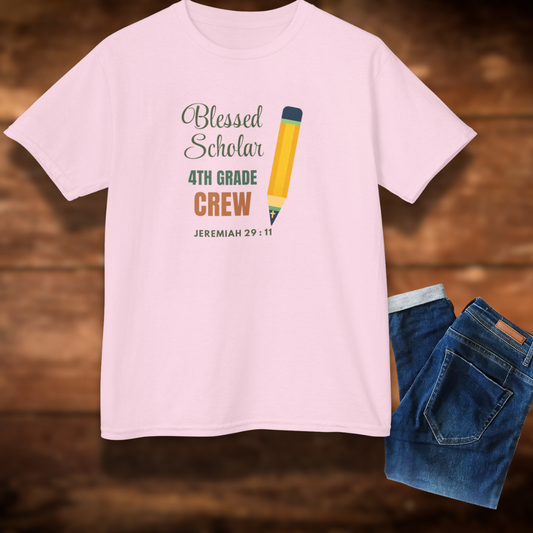 Blessed Scholar 4th Grade Crew Youth T-Shirt – Bible Verse Jeremiah 29:11 Christian Back-to-School Pencil Design Tee