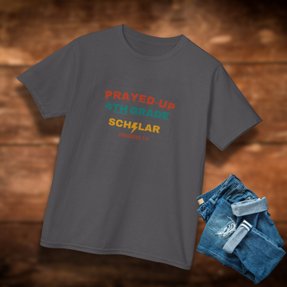 Prayed-Up 4th Grade Scholar Youth T-Shirt – Proverbs 1:5 Christian Back-to-School Tee, Faith-Based Lightning Design