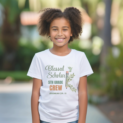 Blessed Scholar 5th Grade Crew Youth T-Shirt – Jeremiah 29:11 Christian Back-to-School Tee