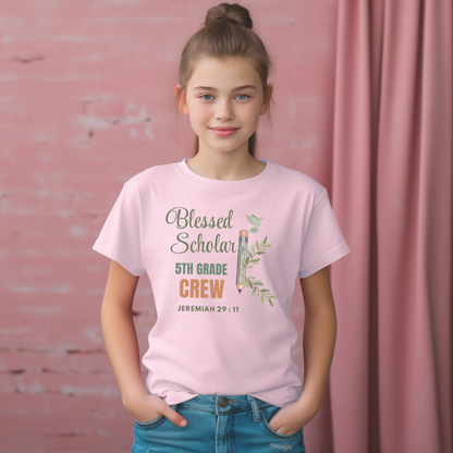 Blessed Scholar 5th Grade Crew Youth T-Shirt – Jeremiah 29:11 Christian Back-to-School Tee