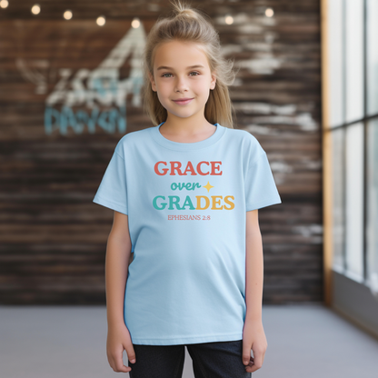 Grace Over Grades Youth T-Shirt – Ephesians 2:8 Christian Back-to-School Bible Verse Tee