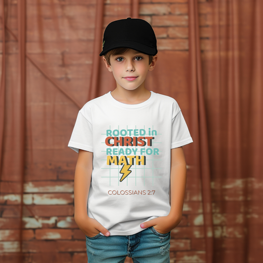 Rooted in Christ Ready for Math Youth T-Shirt– Colossians 2:7 Bible Verse Christian Back-to-School Tee