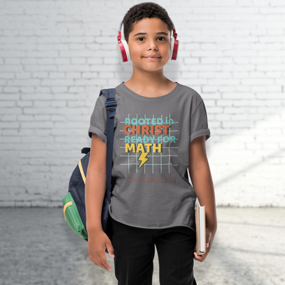 Rooted in Christ Ready for Math Youth T-Shirt– Colossians 2:7 Bible Verse Christian Back-to-School Tee