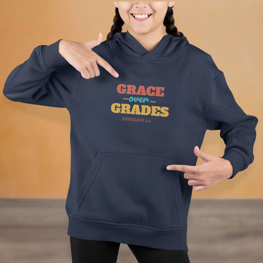 Grace Over Grades Youth Hooded Sweatshirt – Bible Verse Ephesians 2:8 Christian Back-to-School Retro Design