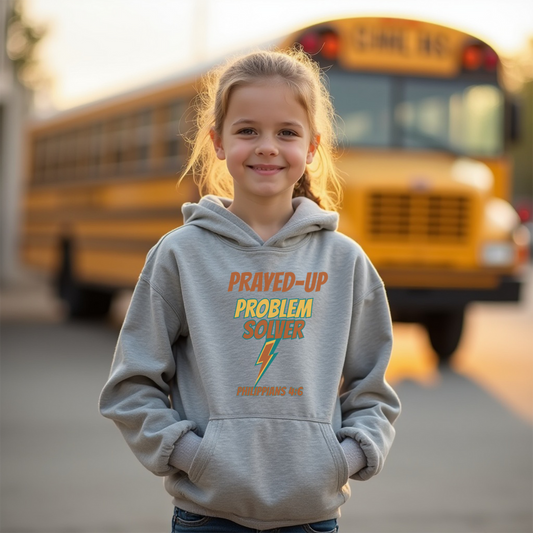 Prayed-Up Problem Solver Youth Hooded Sweatshirt – Lightning Bolt Retro Design – Bible Verse Philippians 4:6 Christian Back-to-School Hoodie