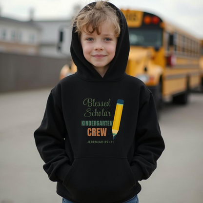 Blessed Scholar Kindergarten Crew Youth Hooded Sweatshirt – Bible Verse Jeremiah 29:11 Christian Back-to-School Pencil Design